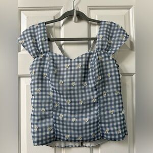 Unique Vintage Magnolia Place Blue Gingham Sleeveless Top with Floral Embroidery